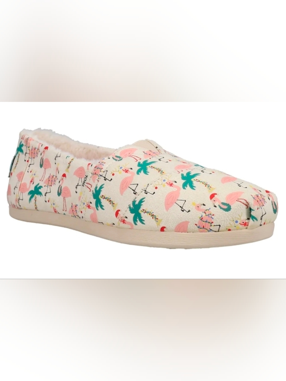 NWOB TOMS Womens Alpargata Cozy Holiday Flamingos Graphic Slip On Flats US 7.5